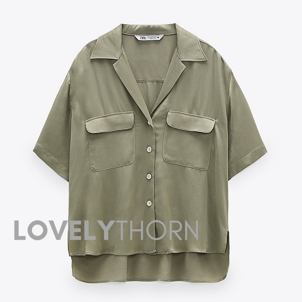 ZARA // satin effect button down short sleeve relaxed pocket top